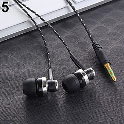 Black in-Ear Earbuds Stereo Tangle Free Braided Cable Cord Quality Sound High Bass Silicone Tips for iPod Zune MP3 Player 3.5mm Jack