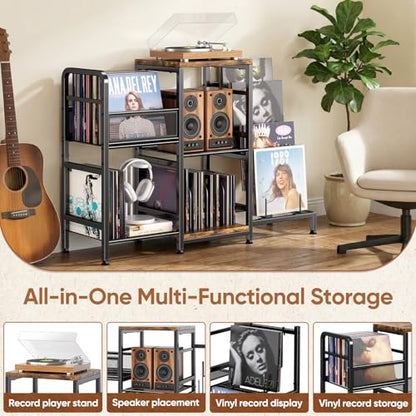 POKIPO Large Record Player Stand, Vinyl Record Storage Holds up to 400+ Albums, 3 Tier Turntable Stand with Display Shelf, 3-in-1 Multifunctional Record Player Cabinet Media Console Table for Stereo