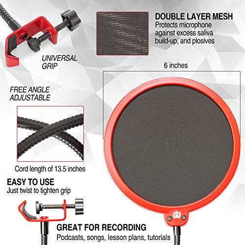 Deco Gear 2-Pack Professional Pop Filter Microphone Wind Screens with Goose Neck Black/Red