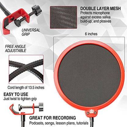 Deco Gear 2-Pack Professional Pop Filter Microphone Wind Screens with Goose Neck Black/Red