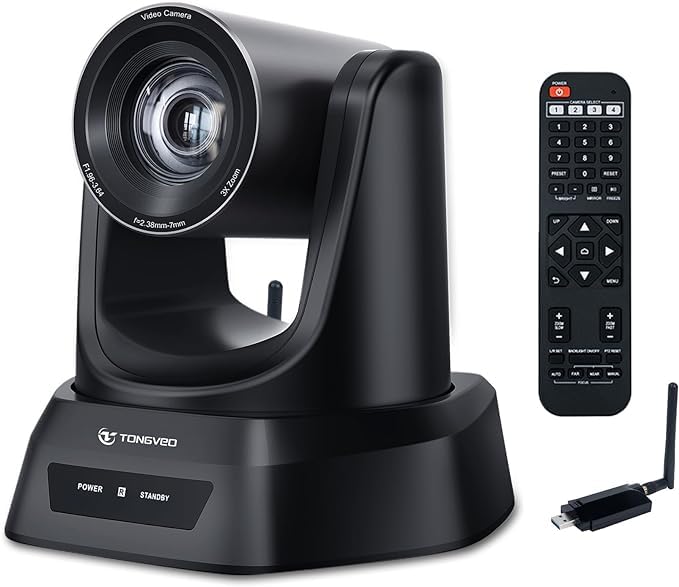 TONGVEO Wireless AI PTZ 20X Zoom Camera with Auto-Tracking: Built-in 5.8GHz Receiver for Cable-Free Setup, 1080P 60fps Conference Camera for Church Services, Online Classes & Hybrid Meetings - color: Gloss