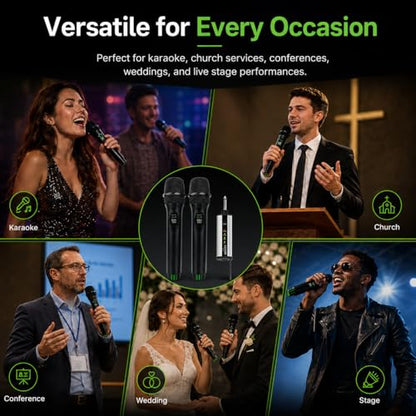 U3 UHF Dual Channel Wireless Microphone System for Karaoke, Church, Stage and PA Speaker, 2 Handheld Mics with 6.35mm Plug-in Rechargeable Receiver, 30m Range