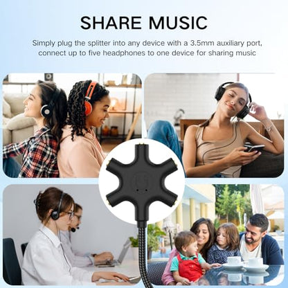 HOSONGIN 5-Way Headphone Splitter - 3.5mm Audio Sharing Hub with Braided Cable & Gold-Plated Connectors - Compatible with Smartphones Tablets Laptops MP3 Players - Perfect for Travel School Family Fun