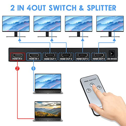 4K HDMI Switch Splitter 2 in 4 Out, 4K@60Hz 2x4 HDMI Matrix Splitter Switch with Remote, 3.5mm and SPDIF Audio Output, Support 4K HDR 3D HDMI 2.0 HDCP 2.2 for PC,Laptop,PS4,Xbox,HDTV