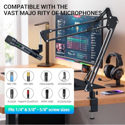 Mic Boom Arm, 1/4 3/8 5/8" Low Profile Microphone Stand, Cable Management | 360° Rotatable, Desk Mount Clamp, Heavy Duty Metal Black, Spring Damping, Streaming, Gaming, Recording, Podcasting, Studio