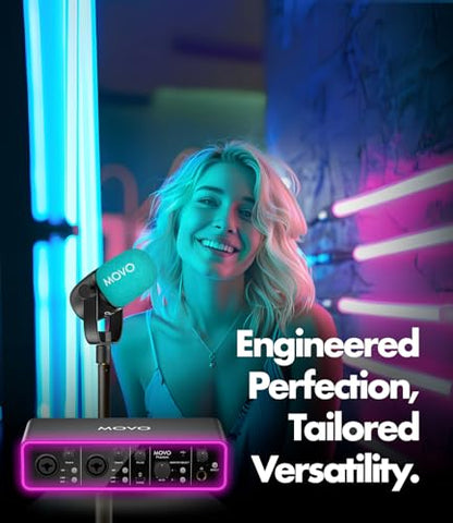 Movo Podcast Equipment Bundle - Phantom USB Audio Interface, 2 CastMic XLR Dynamic Microphones, and 2 Tabletop Stands - Complete Studio Setup for Professional Podcasting and Streaming - style: with 2 Microphones and Desk Stands