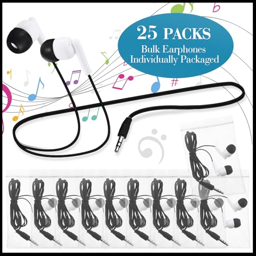 Kanayu 100 Pack Wired Earbuds Bulk for Classroom, 3.5MM No Mic,Black White | Student Headphones for School Library Laptop, Individually Bagged Earphones with Jack for Training and Group Learning - color: Black White