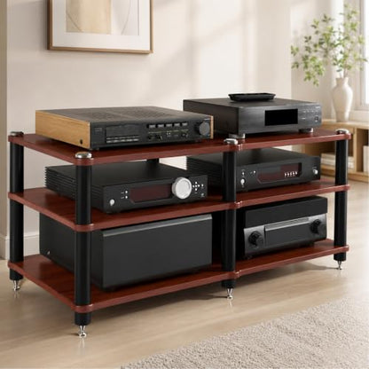 3 Tier Heavy Duty AV Media Stand, Stereo Stands and Racks, Teak | Audio Tower HIFI Rack Stereo Shelf 264 lb Load Capacity, vibration-dampening feet, open ventilation, Built for Hi-Fi systems - color: Teak, size: 3 tier