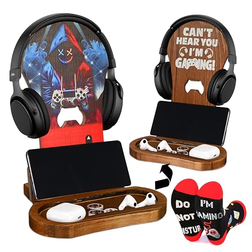 Gamer Gifts for Men Game Stuff Gaming Room Equipment Wooden Headset Stand | Gamer Gifts for Teenage Boy, Son, Boyfriend, Husband, Gamer Room Decor for Man, Teen Boy Gaming Accessories