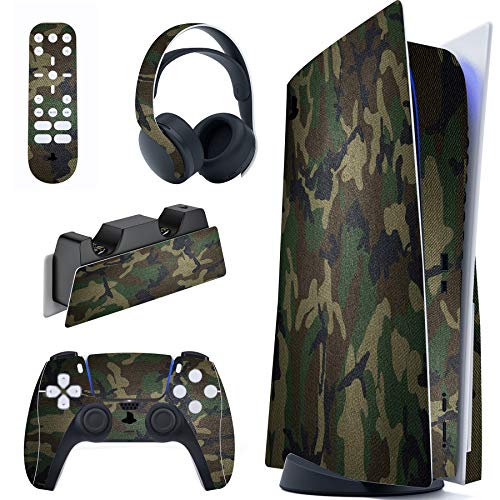 PlayVital Army Green Camouflage Full Set Skin Decal for ps5 Console Disc Edition, Sticker Vinyl Decal Cover for ps5 Controller & Charging Station & Headset & Media Remote - color: Army Green Camouflage