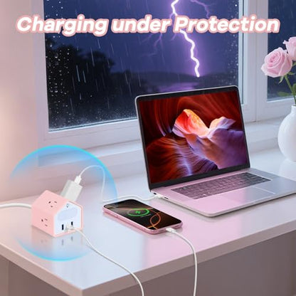Lovely-Pink Power Strip with Night Light, Kawaii USB C Desk Accessories | 4 Outlets 3 USB Ports, Overload Protection Plug Extender, Home Office Dorm Travel Hotel, Women Girls - color: Lovely-Pink