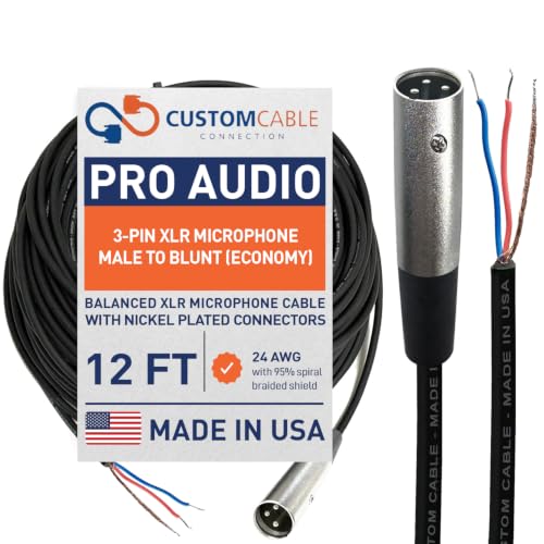 Custom Cable Connection 12 Foot Pro-Audio XLR Balanced Microphone Male to Blunt - 24 AWG Economy Shielded Install Cable - size: 12 Foot, style: Male to Blunt