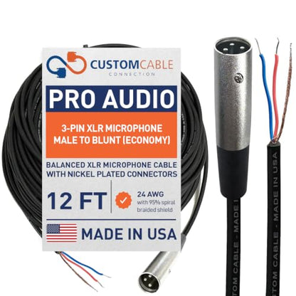 Custom Cable Connection 12 Foot Pro-Audio XLR Balanced Microphone Male to Blunt - 24 AWG Economy Shielded Install Cable - size: 12 Foot, style: Male to Blunt