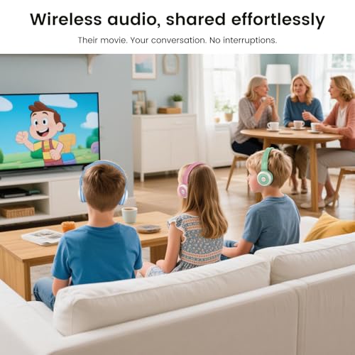 SIMOLIO Manyshare Kids Wireless Headphones with Case & Mic, Audio Sharing | Share One Audio Source with Multiple Headphones Wirelessly. Kids Bluetooth Headphones for Classroom, Family Trips & Parties - color: Green+Blue