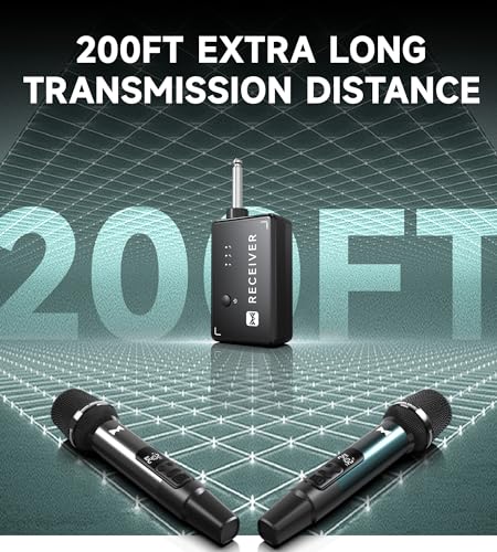 Wireless Microphone, Metal Dynamic Wireless Microphones with One-to-One Chip Connection and Rechargeable Receiver, 40H Duration, 200FT Range Receiving, Volume Control Karaoke Microphone for Singing