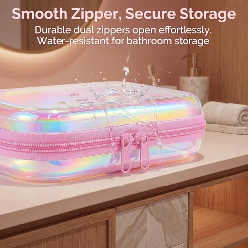 3Pcs Clear Hard Shell Zipper Case, TSA Approved Toiletry Bags with Iridescent Scratch-Proof Surface, Waterproof Cosmetic Bag Makeup Case Travel Organizer Pouches for Diapers, Toys Storage, 2S+1M