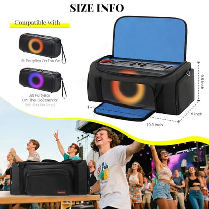 Speaker Bag Compatible with JBL PartyBox On The Go & On-The-Go Essential | Portable Speaker Carry Tote with Pockets for 2 Mics, Cables & Chargers, Top & Front Openings for Playback, Bag Only, Black - color: Black