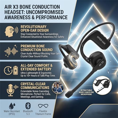 Open Ear Air X3 Bone Conduction Headset with Mic, Dual Connect Wireless Headphones, Noise Cancelling Wireless Headset with Mute Button, Designed for Truck Driver, Meeting, Home Office - color: Black