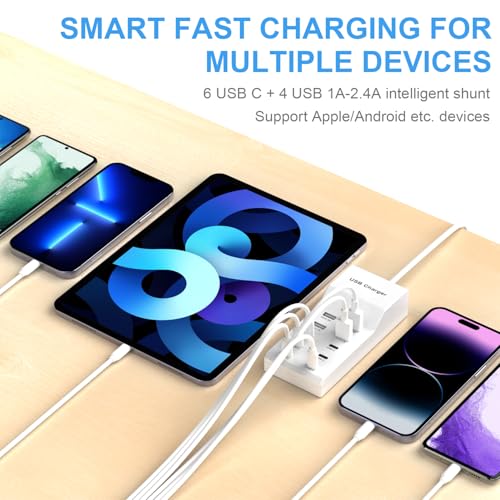 USB Charging Station for Multiple Devices USB Wall Charger Power Hub Strip Smart Plug Charging Dock Desktop Charge Block 6 USB C 4 USB A Ports Compatible with iPhone 15/iPad/iPod/Galaxy S Smart Phones
