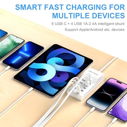 USB Charging Station for Multiple Devices USB Wall Charger Power Hub Strip Smart Plug Charging Dock Desktop Charge Block 6 USB C 4 USB A Ports Compatible with iPhone 15/iPad/iPod/Galaxy S Smart Phones