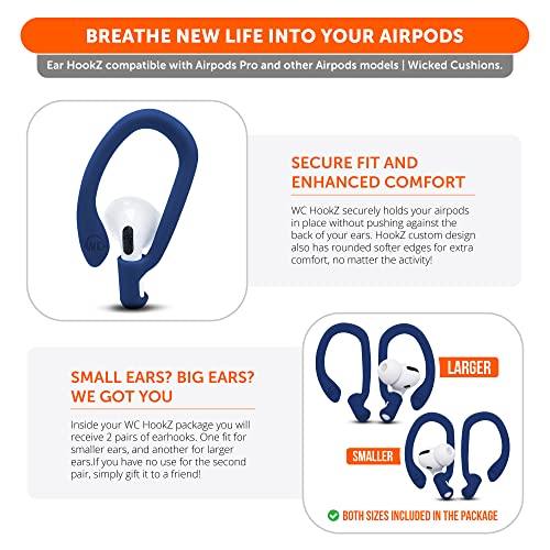 WC HookZ - Patented Upgraded Over Ear Hooks for AirPods Pro 1, 2 & AirPods 1, 2 & 3- Two Size Pairs Included in Package, Unique Left & Right Hook, Made by Wicked Cushions | Navy Blue - color: Navy Blue