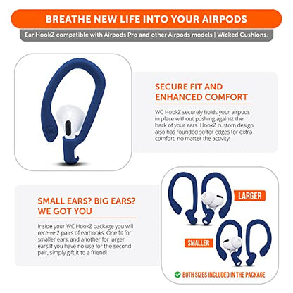 WC HookZ - Patented Upgraded Over Ear Hooks for AirPods Pro 1, 2 & AirPods 1, 2 & 3- Two Size Pairs Included in Package, Unique Left & Right Hook, Made by Wicked Cushions | Navy Blue - color: Navy Blue