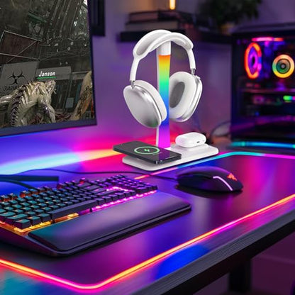 Headphone Stand with Wireless Charger,Gaming Headset Stand with RGB Light Mode,for iPhone17/16/15/14,Gifts for Gamers & Music Lover (White) - color: White
