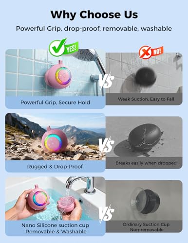 Bluetooth Shower Speaker IPX7 Waterproof: Removable Suction Cup, Pink | 360° Surround Sound, Vacuum-Lock, RGB Light, Portable Wireless Speaker for Beach, Pool, Kayak, Gifts for Adults Teens - color: Pink