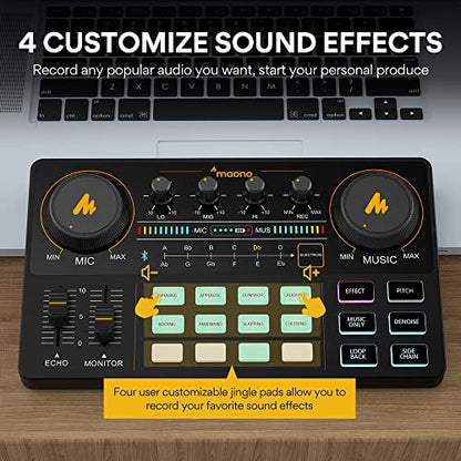 MAONO Podcast Equipment Bundle with Audio Mixer & 3.5mm Mic for Streaming | All-in-one audio production, PC and smartphone-compatible, 4 custom soundpads, for creators, home podcast setup AU-AM200-S1 - color: AU-AM200-S1 Black