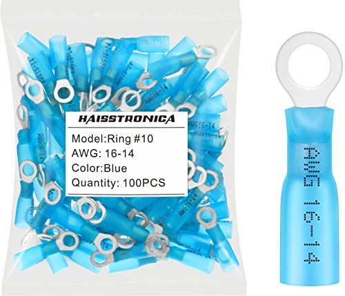 haisstronica 100PCS Heat Shrink Ring Terminals, 16-14 AWG, #10, Blue | Battery and Ground Stud Connections, 0.7 mm Copper Barrel, 3:1 Adhesive-Lined Seal, Automotive Wiring Repairs, Ring Connector - color: Blue, size: Ring #10