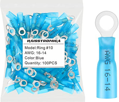 haisstronica 100PCS Heat Shrink Ring Terminals, 16-14 AWG, #10, Blue | Battery and Ground Stud Connections, 0.7 mm Copper Barrel, 3:1 Adhesive-Lined Seal, Automotive Wiring Repairs, Ring Connector - color: Blue, size: Ring #10