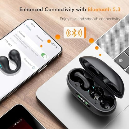 Paekole Clip On Headphones, Super Comfort Open Ear Bluetooth Earbuds for All Day Wear, Lightweight Bone Conduction Wireless Earbuds with Charging Case for Running