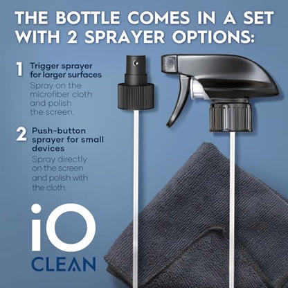 iO CLEAN Screen Cleaner Spray (16oz - 473ml) – Best Large Cleaning Kit | for LCD, LED & OLED TV, Smartphone, iPad, Laptop, Touchscreen, Computer Monitor, Microfiber Cloth Wipes & 2 Nozzles - size: 16.9 Fl Oz (Pack of 1)