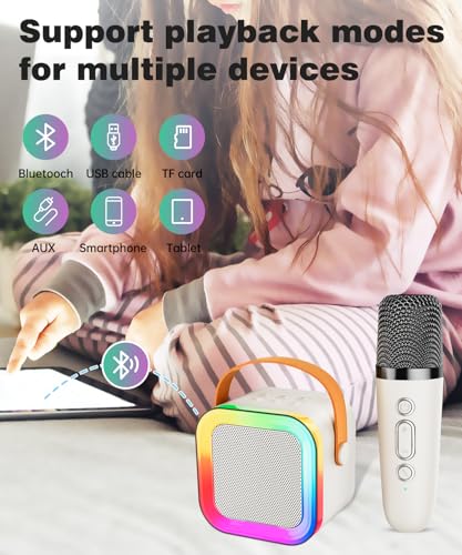 Mini Kids Karaoke Machine Toy Ages 3-12, 2 Wireless Mics Bluetooth Speaker | LED Party Lights, Voice Changer, Duets, BT 5.3, Rechargeable Portable, Christmas Birthday Gifts for Toddler Boys & Girls - color: Off-White - 2 Mics