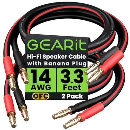 GEARit 14 Gauge OFC Speaker Wire with Banana Plugs, 2 Pack 3.3 ft Each - color: Black/Red, size: 3.3 ft, 2-Pack