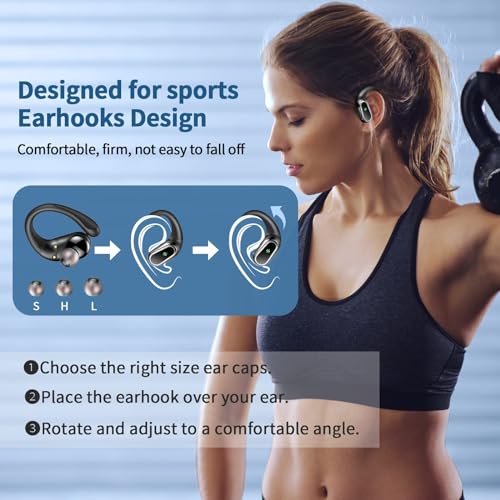 Wireless Earbuds, 2026 Bluetooth 5.4 Headphones Sport, 60Hrs HiFi Stereo Deep Bass Over-Ear buds with ENC Noise Cancelling Mic, IP7 Waterproof & LED Display Earphones with Earhooks for Workout/Running - color: Light Black