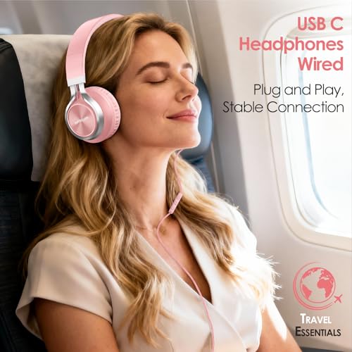 INFURTURE USB C Headphones Wired with Mic & Volume Control, Noise Isolating Over-Ear Headphones, Tangle-Free Plaiting Line, Foldable Headphone for School/Travel/iPad,Tablet,iPhone 17/16/15(Pink) - color: Blush Pink