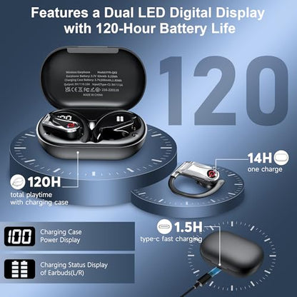 Bluetooth 6.1 Headphones True Wireless Earbuds 120hrs Playtime Wireless Charging Case, Digital Display Sports Ear Buds with Earhook Hi-Res Audio Clear Calls Earphones IPX7 Waterproof for Running Gym