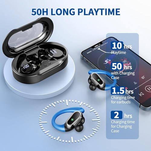 Wireless Earbuds, 2026 Bluetooth 5.4 Headphones, ENC Noise Canceling Mic | 60Hrs+ Stereo Wireless Headphones, IP7 Waterproof Bluetooth Earbuds, Sport Earhooks, Dual LED Display, for Workout, Running - color: Loyal Blue