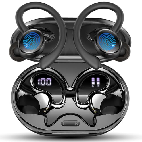 Wireless Earbuds, Bluetooth 5.4 Headphones Sport, 50H Deep Bass Sound Over Ear Buds with 4 ENC Noise Cancelling Mic, Dual LED Display, IP7 Waterproof Earphones with Earhook for Workout/Running/Gym - color: Pure Black