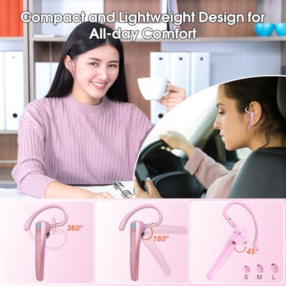 Bluetooth Headset V5.3, Wireless Headset with ENC Noise Canceling Mic | 120Hrs Talk Single-Ear Bluetooth Earpiece, LED Display, IP7 Waterproof Hand-Free Earphone for Business/Trucker, Pink - color: Pink
