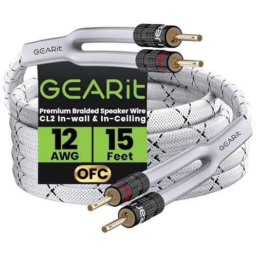 GEARit Speaker Cable with Banana Plugs White 15 ft 12 Gauge,Speaker Cable CL2 Rated 12AWG OFC,Heavy Duty Braided 12 Gauge Speaker Wire for Audiophiles,Hi-Fi Systems,Home Theater,Amplifiers & Speakers - color: White, size: 15 Feet
