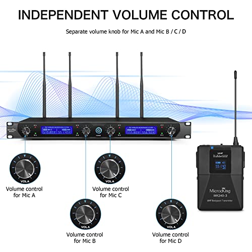 MicrocKing Wireless Microphone System 4 Bodypacks for Church Stage Class | UHF fixed, 400ft, 4 bodypacks (lav/head/lapel) for concert/class/church - style: 4 Bodypack mics