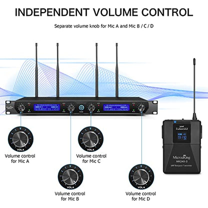MicrocKing Wireless Microphone System 4 Bodypacks for Church Stage Class | UHF fixed, 400ft, 4 bodypacks (lav/head/lapel) for concert/class/church - style: 4 Bodypack mics