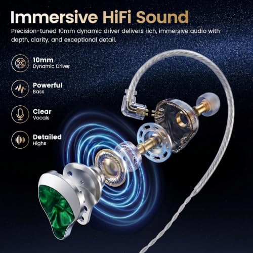 HIFI WALKER A20 IEM Earbuds, 10mm Dynamic Driver in Ear Monitor Headphones, HiFi Wired Earphones with Deep Bass & Clear Vocals, Noise Isolating IEM for Music, Gaming & Studio (No Mic), Green - color: Green