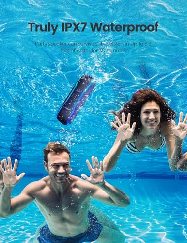 Bluetooth Speaker, IPX7 Waterproof, 50W Peak, 24H Playtime, Midnight Blue | Flashing lights, TWS pairing, deep bass, ideal for beach trips, outdoor parties, birthdays, graduations, and everyday use