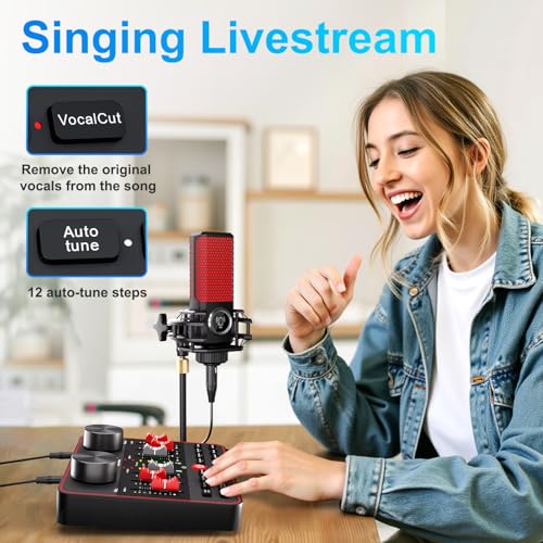 Audio Mixer, Sound Board for Pc/Phone Live Streaming Singing Gaming, Audio Interface for 3.5mm Microphone, Live Sound Card with DJ Mixer Effects & Voice Changer, Denoise, Bluetooth Podcast Mixer