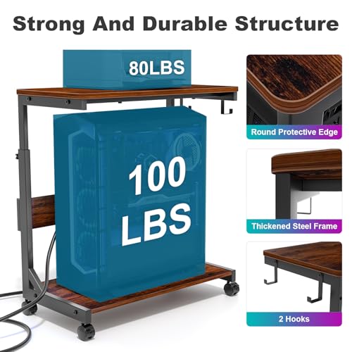 Computer Tower Stand with Charging Station for Full ATX-Case,Brown | Height Adjustable PC Stand with Wheel, CPU Holder with 2 AC Outlets + 2 USB Ports, 2-Tier Storage, Durable Metal Frame - color: Brown