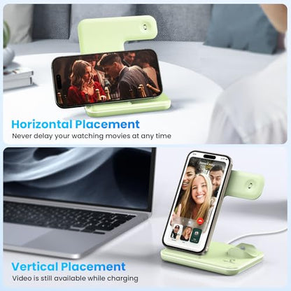 WAITIEE Wireless Charger 3 in 1, 15W Fast Charging Station for Apple Watch 9/8/Ultra 2/Ultra/SE/7/6/5/4/3/2, for AirPods 3/2/1/Pro/Pro 2, for iPhone 15/14/13 /Plus/Pro/Pro Max/12/11/X/Xr/XS/8 (Green) - color: Mint Green