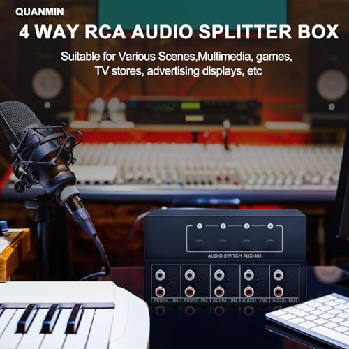 4 in 1 Out RCA Audio Switcher 3.5mm Aux Stereo Audio Switch Box 4 Channel Passive Audio Selector RCA Splitter Box Bi‑Directional Audio Converter for DVD Player Game Console Headphone Home Theater